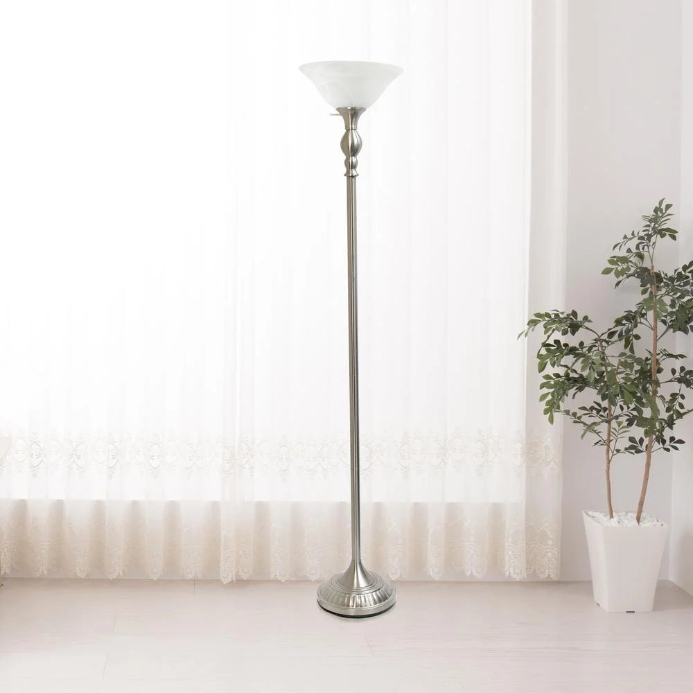 1 Light Brushed Nickel Torchiere Floor Lamp with White Glass Shade V8456