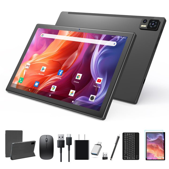 10.1 Inch Android 14 Tablet, Octa-Core, 64GB ROM, 8GB RAM, 128GB Expandable, Dual Camera, 5G WiFi, Bluetooth, FHD IPS Screen, 2 in 1 Tablet with Keyboard, Case, Stylus W182