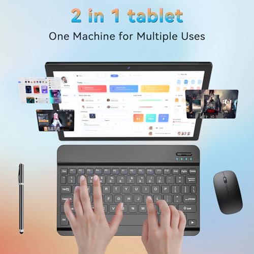 10.1 Inch Android 14 Tablet, Octa-Core, 64GB ROM, 8GB RAM, 128GB Expandable, Dual Camera, 5G WiFi, Bluetooth, FHD IPS Screen, 2 in 1 Tablet with Keyboard, Case, Stylus W182