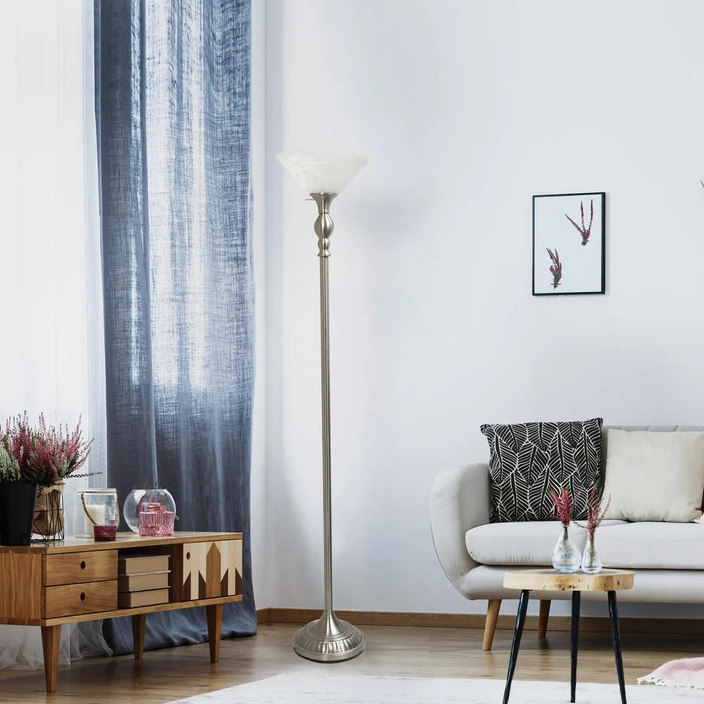 1 Light Brushed Nickel Torchiere Floor Lamp with White Glass Shade V8456